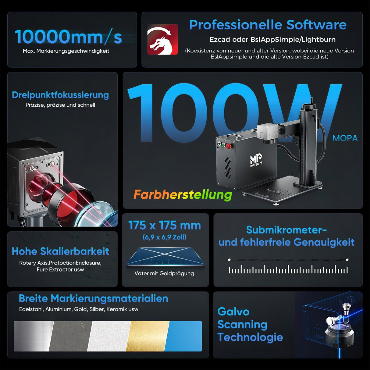 Monport 100W (175 x 175 mm) GPro MOPA Faserlaser Gravier & Markiermaschine mit manuellem Fokus - MonPortlaser.de