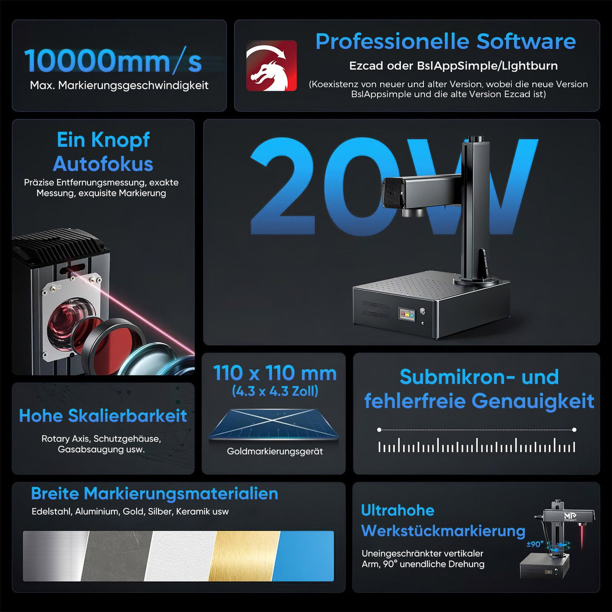 Monport GA Verbesserte 20W Integrierte Faser Lasergravierer & Markiermaschinen mit Autofokus - MonPortlaser.de