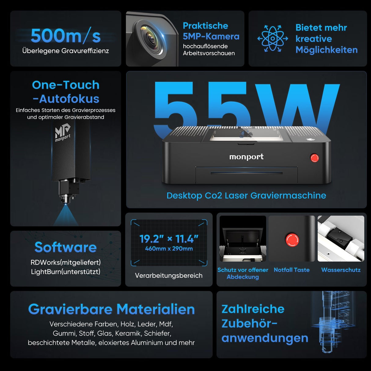 MONPORT ONYX 55W (460mm*290mm) Multifunktionale Desktop Laser Graviermaschine - MonPortlaser.de